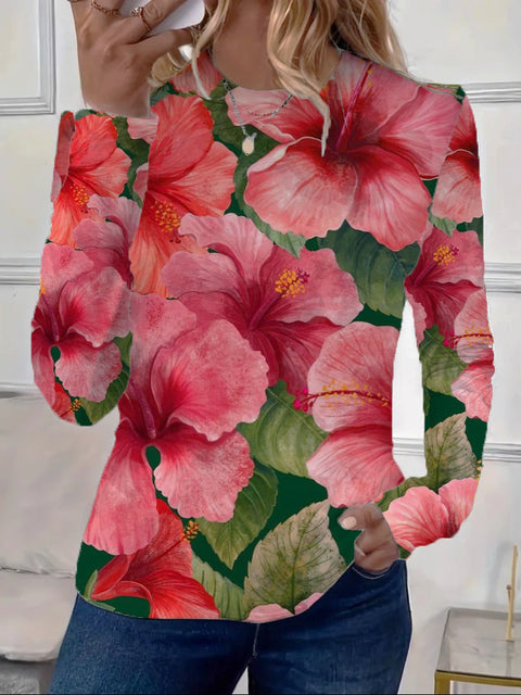 T-shirt ample à manches longues et col rond pour femme, imprimé rétro classique, m301237 