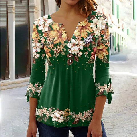 T-shirt à imprimé floral Ruili Fashion, col en V, manches trois-quarts m300035