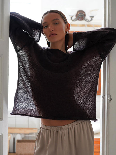 Women's perspective thin large round neck horn sleeve knitted T-shirt m301766