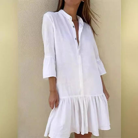 Robe chemise boutonnée à col montant et manches 9/4 en coton avec ourlet plissé m300679 