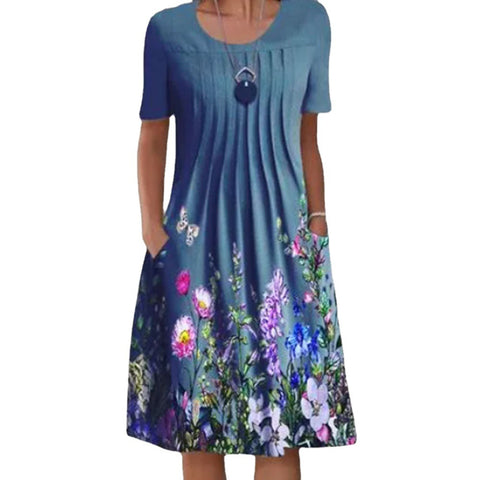 Frühling/Sommer Blumendruck Rundhalsausschnitt Tasche Mittellanges Kleid m300905 