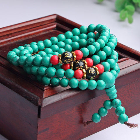 Bracelet multicouches en perles de Bouddha turquoise, ornement tibétain, 108 perles de Bouddha, bracelet enroulé en perles de Bouddha turquoise, fil élastique m3331228