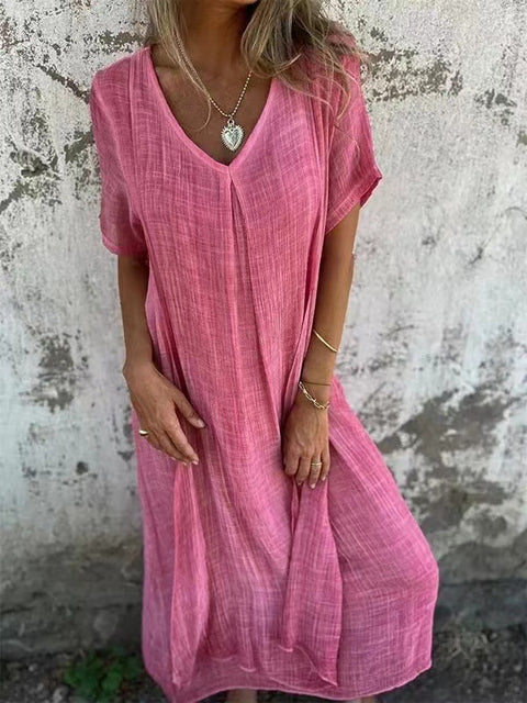 Modisches halbformelles Kleid aus Baumwolle und Leinen mit V-Ausschnitt m301062 