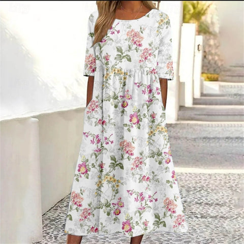 Robe longue décontractée à col ras du cou et manches courtes pour femme, imprimé 3D, taille plissée, style trapèze, m301299 