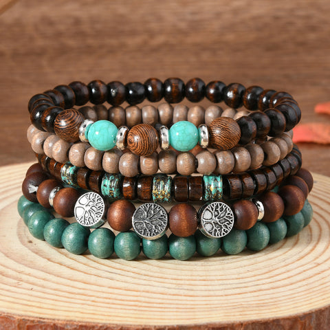 Retro-Wind-Zinklegierung-Lebensbaum, handgewebte Holzperlen, mehrschichtiges fünfteiliges Armband m3331272 