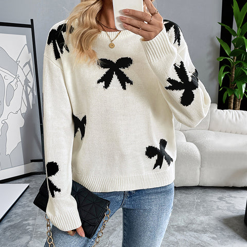 Rundhals-Jacquard-Pullover mit Schleife für Herbst und Winter für Damen m300804 
