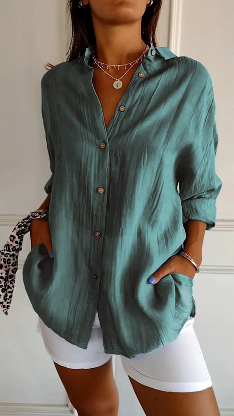 Women's Single-Breasted Pleated Lapel Shirt Solid Color Rollable Sleeves Top M300226