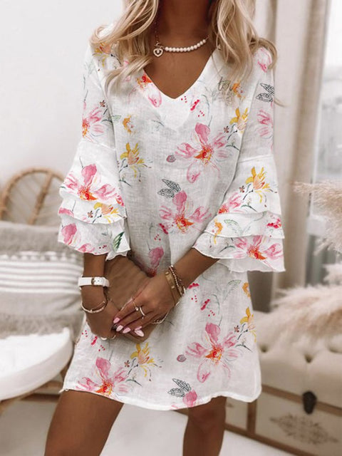 Fresh printed V-neck 3/4-sleeve mini women's dress m302854