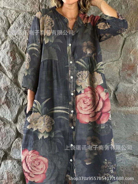 Lockeres Damen-Hemdkleid mit Rundhalsausschnitt, modisch, Premium, langärmlig, bedruckt, m301050