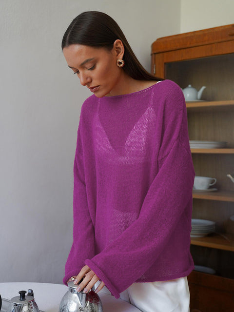 Women's perspective thin large round neck horn sleeve knitted T-shirt m301766