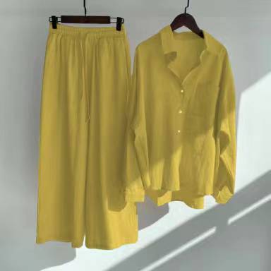 Cotton and linen shirt set high waist loose trousers m301983