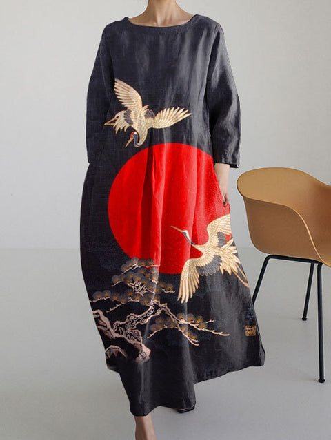 Robe ample à col ras du cou et manches longues imprimée haut de gamme m301044