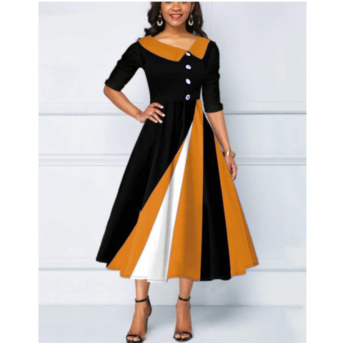 Langes Kleid mit 3D-gedrucktem Pendel und Fünfviertelärmeln und Knopfverzierung, m300864 