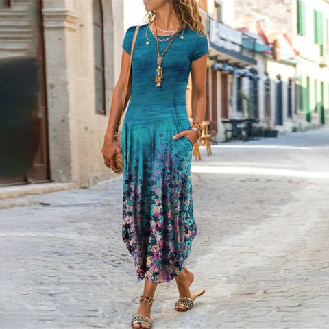 Robe imprimée tendance à manches courtes et col rond avec poche insérée, motif M300025 