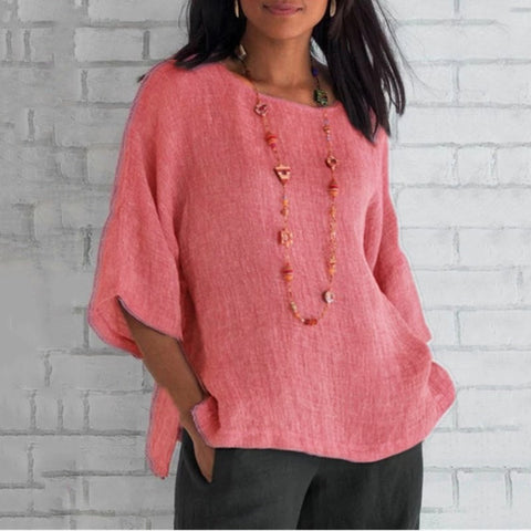 Haut chemise en coton et lin à manches fendues et col rond m300053 