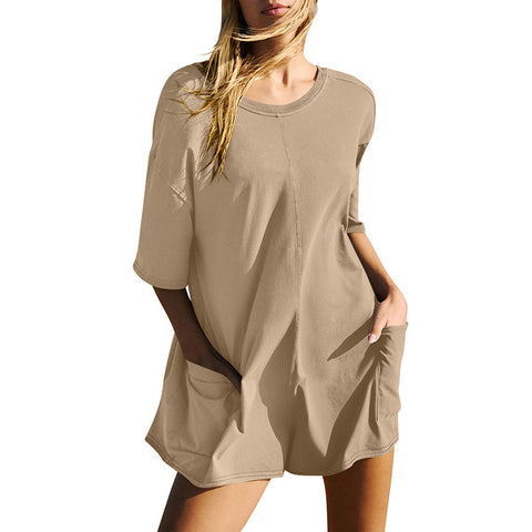 Combinaison ample décontractée à manches courtes et dos nu pour femme, col en V, poches M300225 