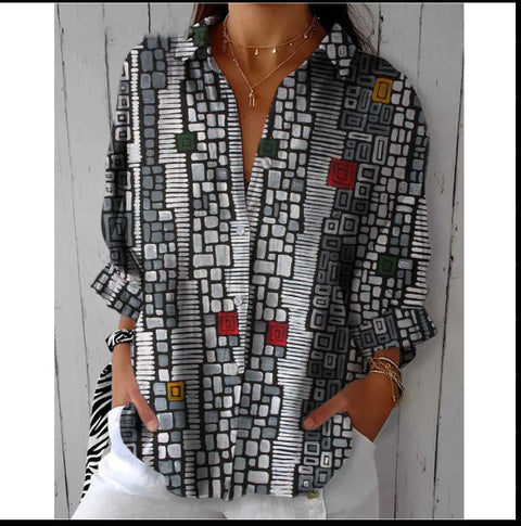 Chemise en lin à manches longues et boucle pour femme, motif abstrait imprimé numérique 3D, M301277 