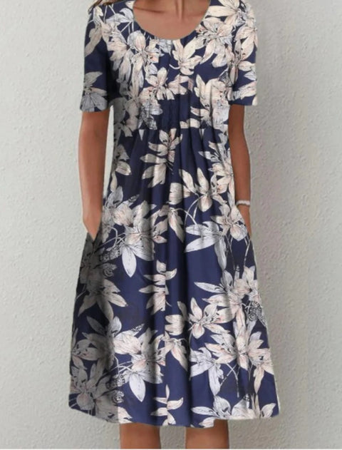 Robe mi-longue à imprimé floral, col rond, poches, printemps/été, pour femme, m300037 
