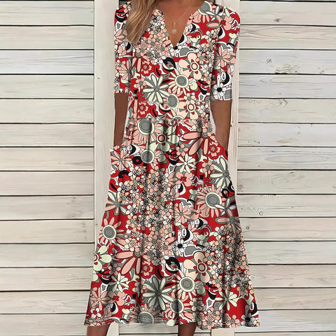 Elegantes Kleid mit V-Ausschnitt und Fünfviertelärmeln und Print m301208 