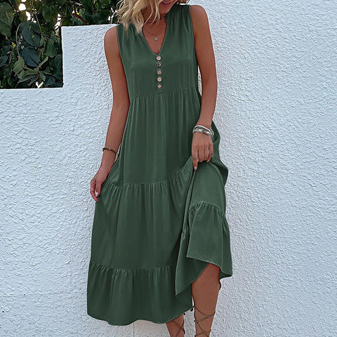 Sommer beliebte ärmellose Faltenrock lose V-Ausschnitt mittel und langes Kleid m300851 