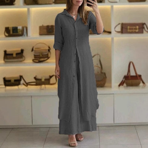 Elegantes Set aus eng anliegendem Langarmhemd und Hose aus Baumwolle und Leinen mit weitem Bein, m301063 