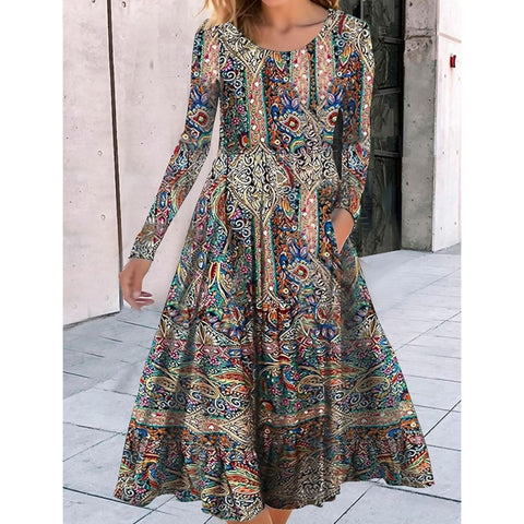 Rundhalsausschnitt, Langarm, lockeres Pendelkleid mit geometrischem Muster, bedruckt, m300700 
