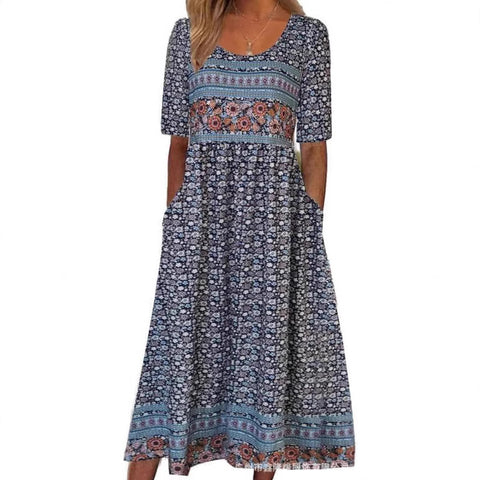 Robe longue décontractée à col ras du cou et manches courtes pour femme, imprimé 3D, taille plissée, style trapèze, m301299 