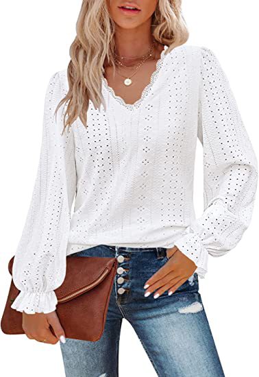 Chemise décontractée à col en V et manches plissées, automne m300647