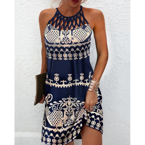 Robe imprimée sans manches à col rond et col ajouré, coupe ajustée, dos nu, M300192 