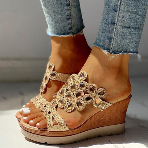 Bohemian rhinestone heel slippers women's summer platform large size round toe one line wedge heel fish mouth slippers m302362