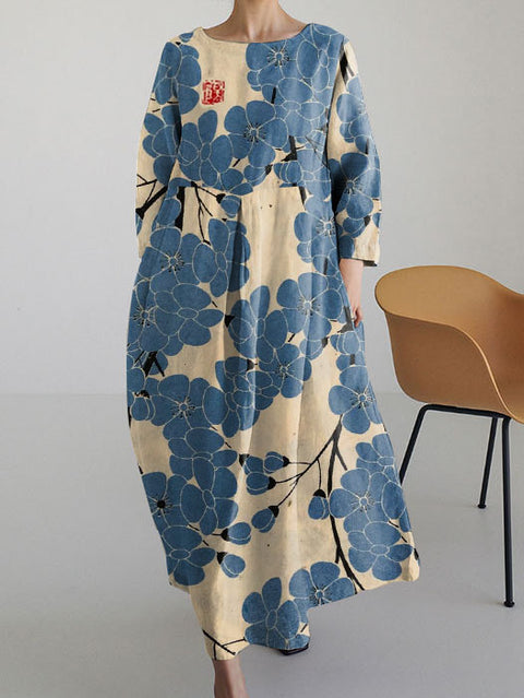 Robe ample à col ras du cou et manches longues imprimée haut de gamme m301044