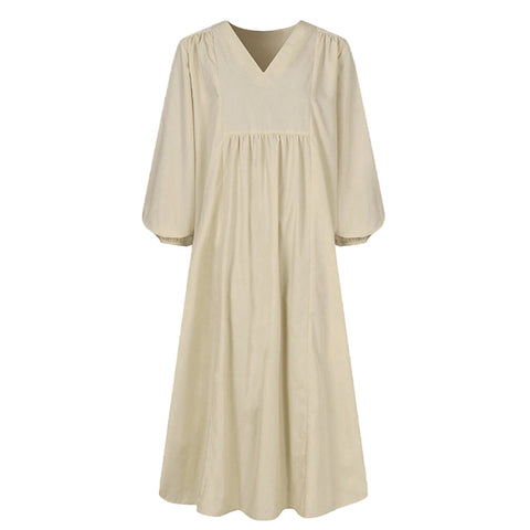 Lockeres Damenkleid aus Baumwolle und Leinen mit Laternenärmeln m301242 