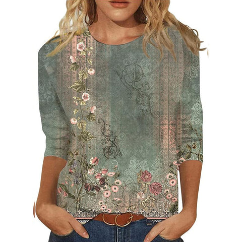 Pullover mit Rundhalsausschnitt und 7/4-Ärmeln, Pflanzenblumen und 3D-Druck, m300615 