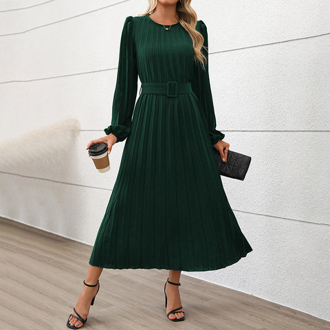 Kleid Langarm Plissee Rundhals Hohe Taille Langes Kleid Damen m300809 