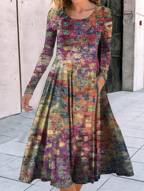 Rundhalsausschnitt, Langarm, lockeres Pendelkleid mit geometrischem Muster, bedruckt, m300700 