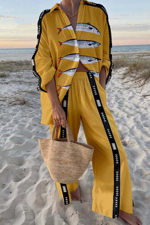 Linglong hemp fish shading casual suit loose sports wide-leg pants marine element casual shirt m303169