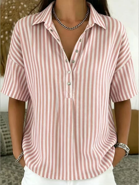 Women's fashion casual striped short-sleeved shirt lapel m302741