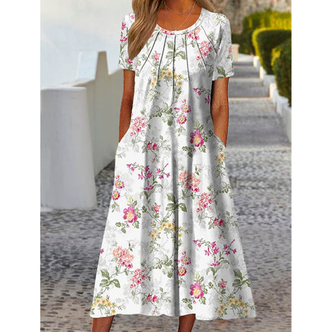 Elegantes, bedrucktes, kurzärmliges, mittellanges Kleid mit Tasche M300198 