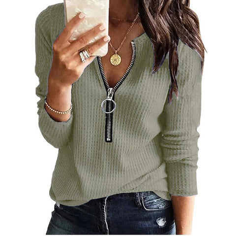 T-shirt tricoté à manches longues et col en V avec fermeture éclair, grande taille, pour femme, M300174 