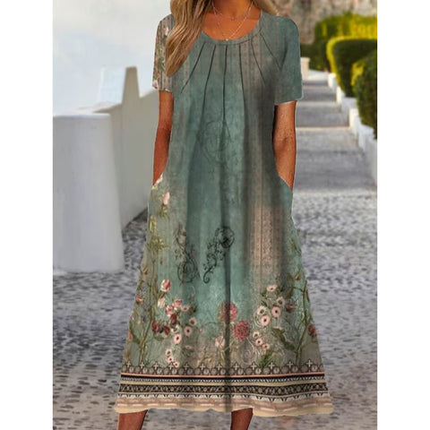 Elegantes, bedrucktes, kurzärmliges, mittellanges Kleid mit Tasche M300198 