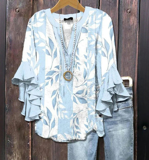 Creative floral element printing digital printing casual trend V-neck lotus edge T-shirt women's top m301778