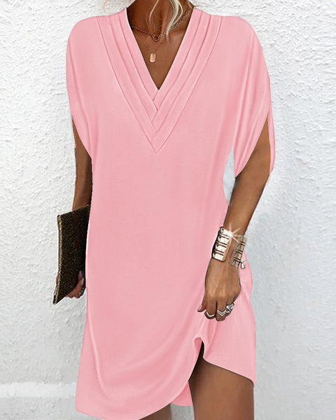 Women's spring and summer V-neck pleated bat sleeve dress m302016