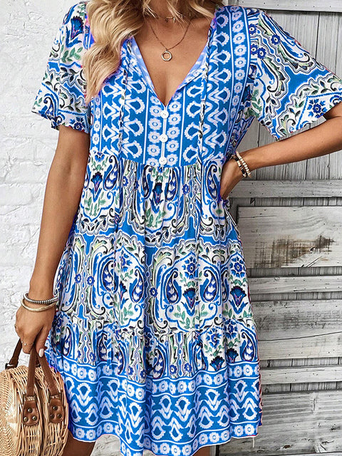 Neues Kleid mit V-Ausschnitt, modischer, lockerer Rock mit Bohème-Print, m300994 