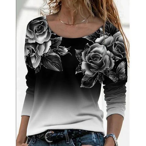 Langärmliges, lockeres, lässiges Pullover-T-Shirt mit Rundhalsausschnitt und 3D-Druck für Damen m300857 