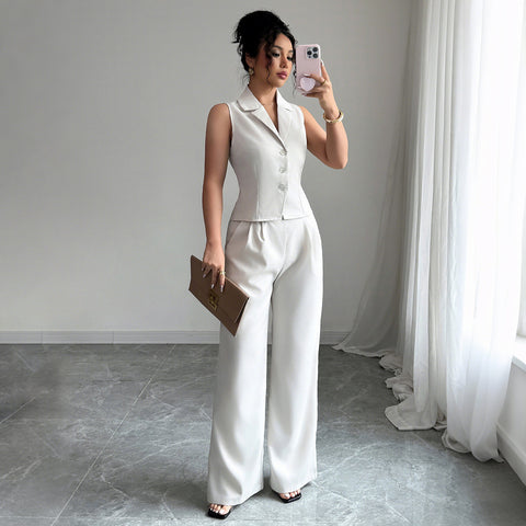 Costume deux pièces style vacances avec gilet et pantalon boutonnés pour femme m301389 
