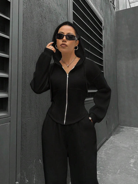 Zweiteiliger trendiger Kapuzen-Cardigan, schlanker, lässiger Zweiteiler für Damen, m300946 
