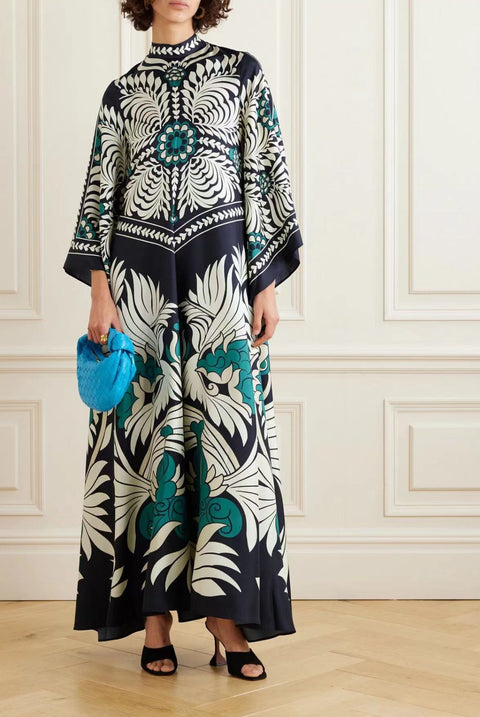 New summer print seven-quarter sleeve stand-up collar dress m301881