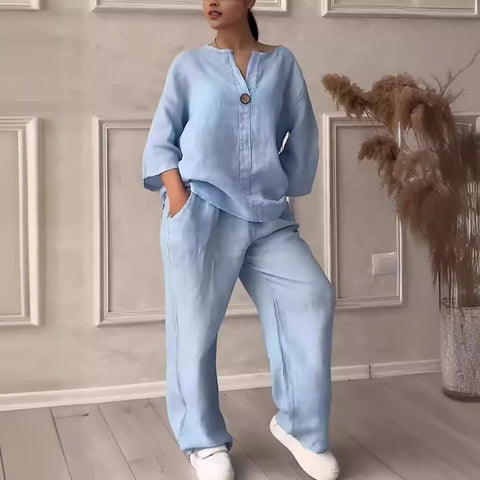 Women's comfortable loose top wide-leg pants casual cotton and linen suit m302154
