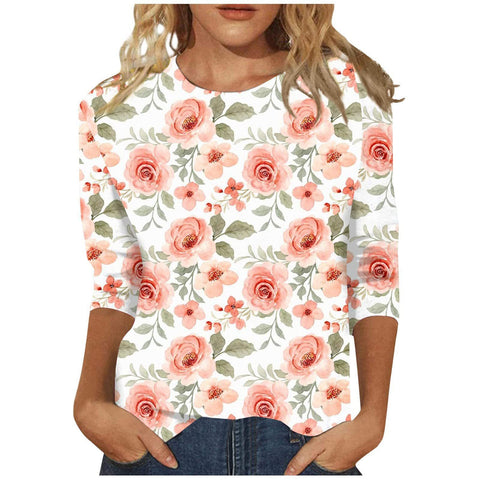 Pull ras du cou à manches sept-quarts et imprimé 3D de fleurs et de plantes m300615 
