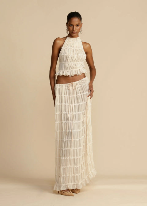 backless neck sling drawstring chiffon pleated long skirt two-piece set m301879